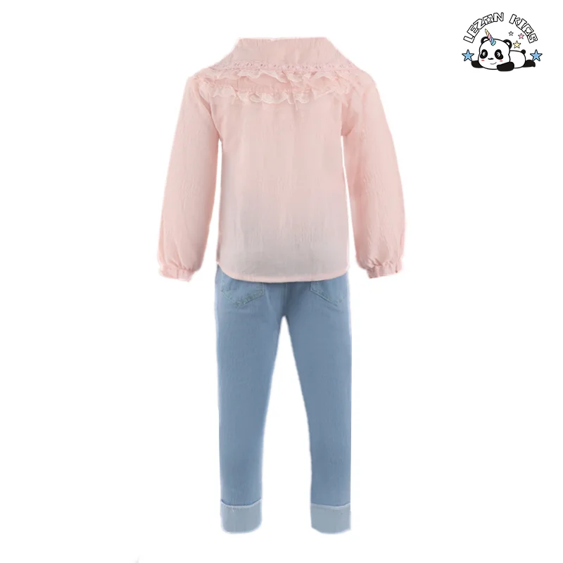 Customized Girls Clothing Sets Lace Ruffle Short Sleeve Denim Baby Girl Summer Kids Clothing Sets - Product Image