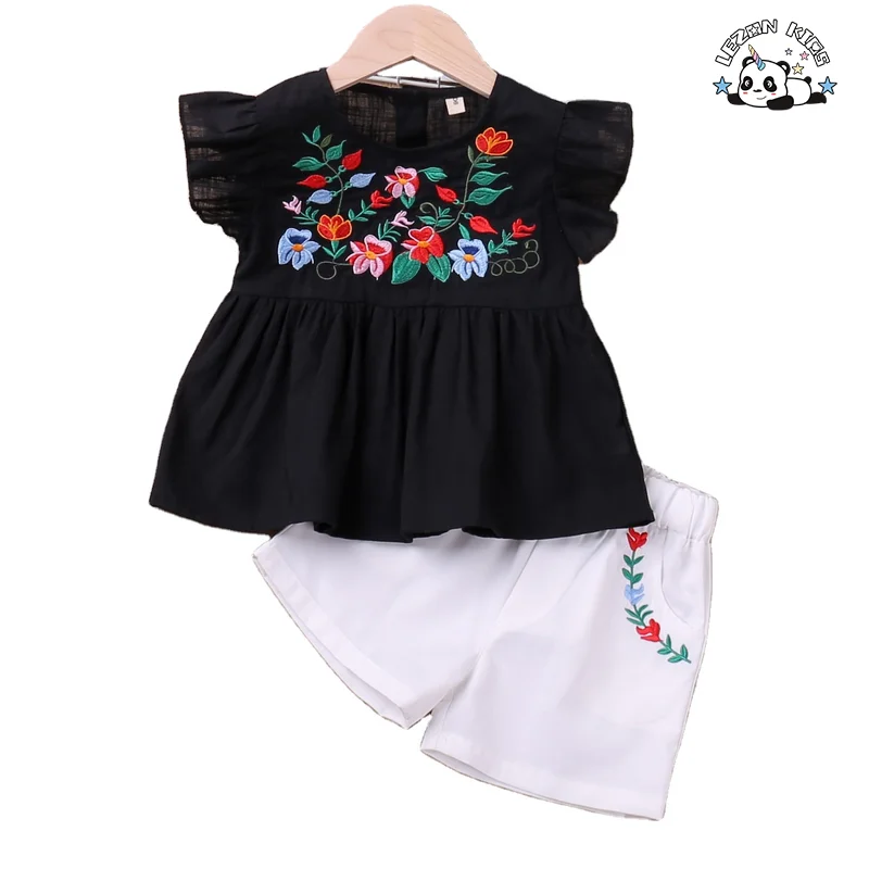 Customized Girls Clothing Toddler Girls Clothing Sets Ruffle Flower Embroidery Short Girls Set