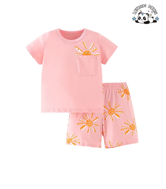 Customized Girls suit  2-14T sized children's casual round neck short sleeved pants kids set