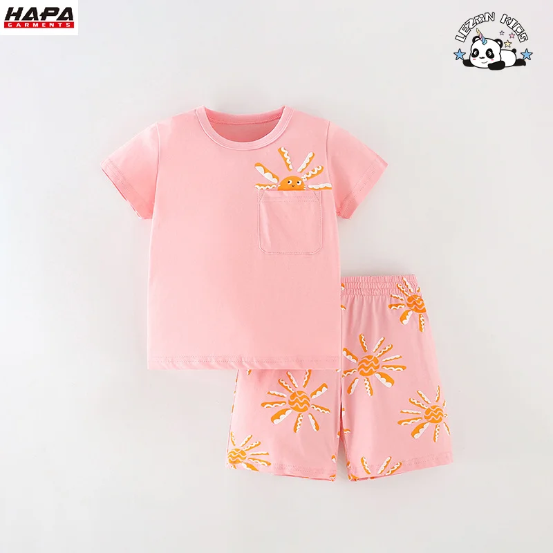 Customized Girls suit 2-14T sized children's casual round neck short sleeved pants kids set - Product Image