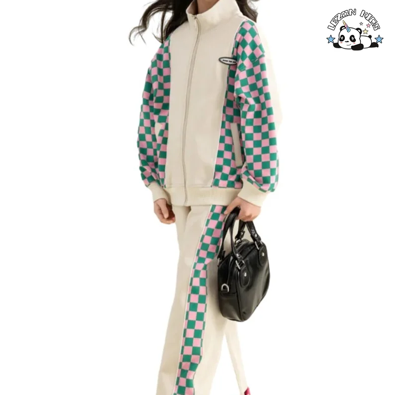 Customized Girls' Casual Suit Checkerboard Loose Stitching Two-piece Sweatsuit Kids Clothing Set