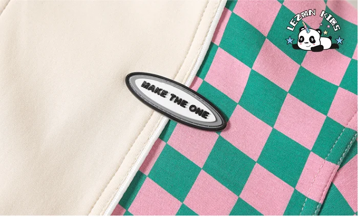 Customized Girls' Casual Suit Checkerboard Loose Stitching Two-piece Sweatsuit Kids Clothing Set - Product Image