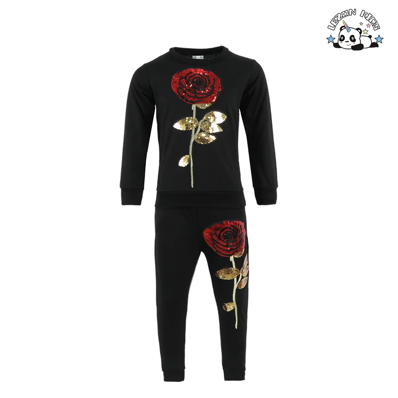 Customized Girls' Clothing Long Sleeve Sequined Flower Hoodie Sets Winter Spring Fall Girls Clothing Sets Wholesale