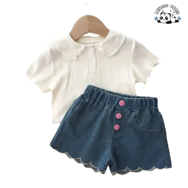 Customized Girls' Clothing Sets Cute Girls Puff Sleeve Top and Denim Shorts Suit - Product Image