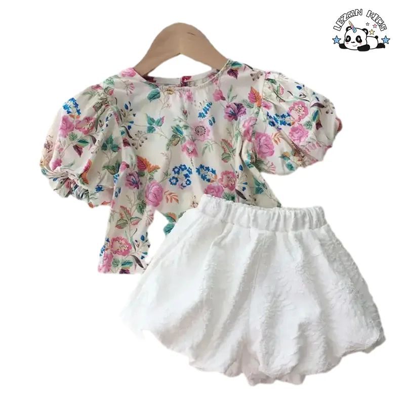 Customized Girls' Clothing Sets Cute Girls Puff Sleeve Top and Denim Shorts Suit - Product Image
