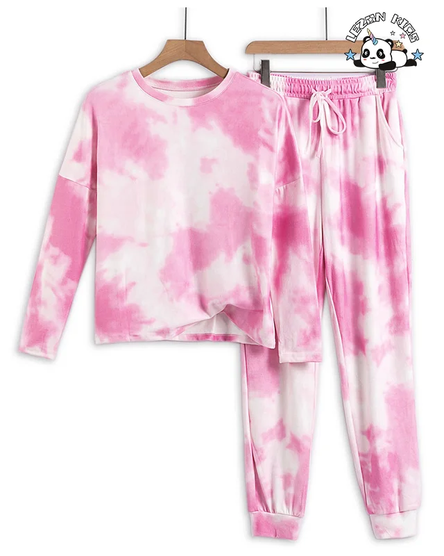 Produtos Quentes Personalizados de Lã com Estampa Tie-Dye para Crianças, Conjuntos de Roupas de Treino de Outono com Logotipo Personalizado para Meninas de 2 a 14 Anos