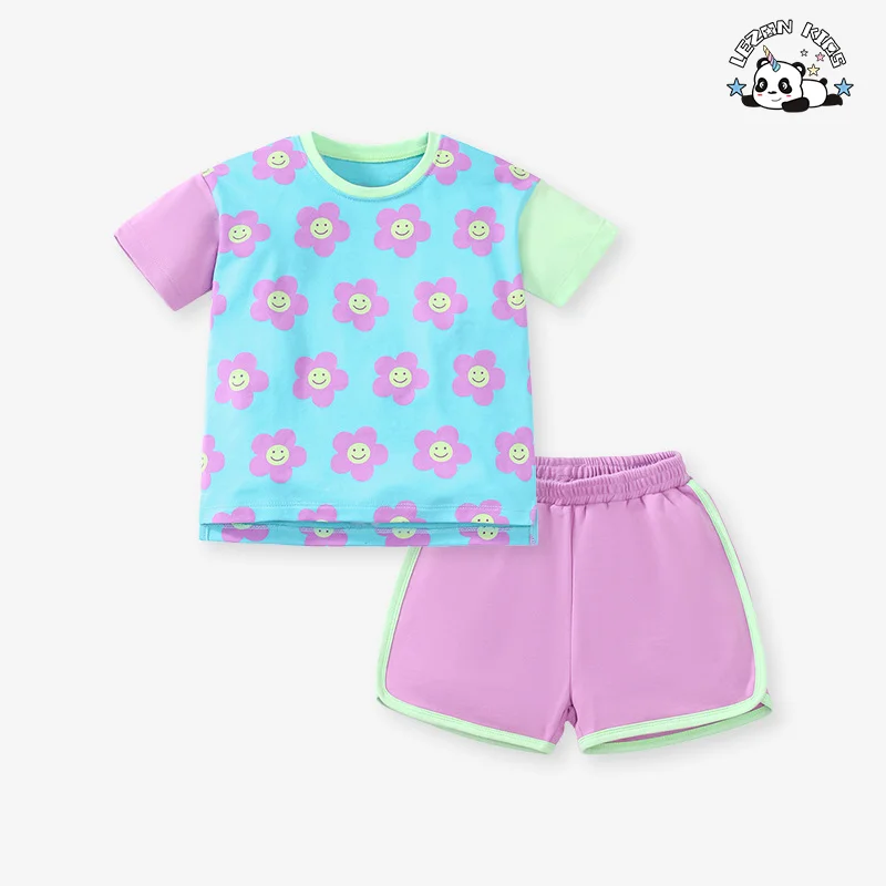 Customized Kids Clothes Printed Color Block Style Cute Girls Summer Short Sleeve Pants Girls Set