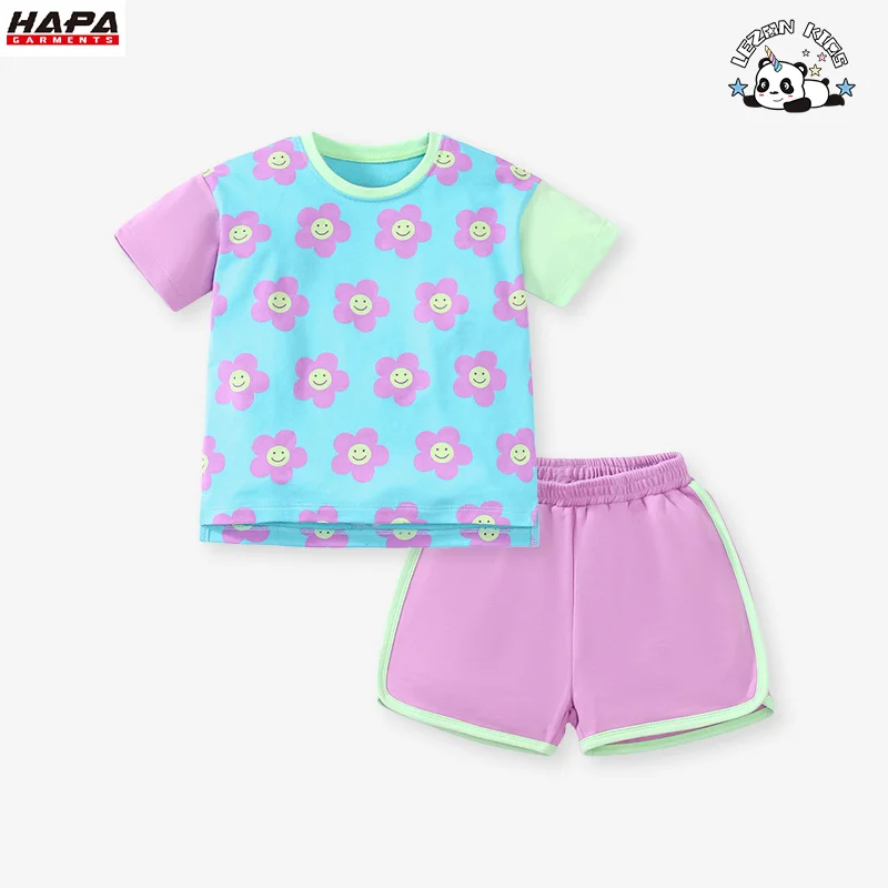 Customized Kids Clothes Printed Color Block Style Cute Girls Summer Short Sleeve Pants Girls Set - Product Image