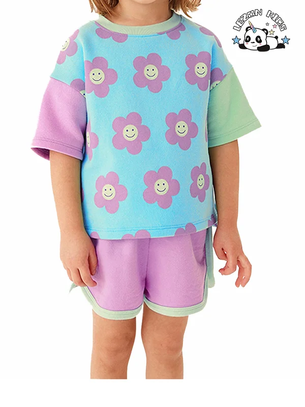 Customized Kids Clothes Printed Color Block Style Cute Girls Summer Short Sleeve Pants Girls Set - Product Image