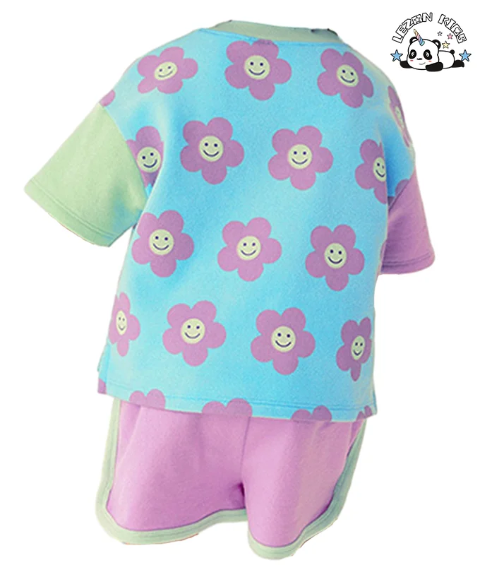 Customized Kids Clothes Printed Color Block Style Cute Girls Summer Short Sleeve Pants Girls Set - Product Image