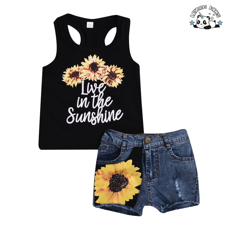 Customized Logo Fashion 2 PCS Girls Sunflower Outfits Sleeveless Tank Top&Denim Shorts Summer Clothes