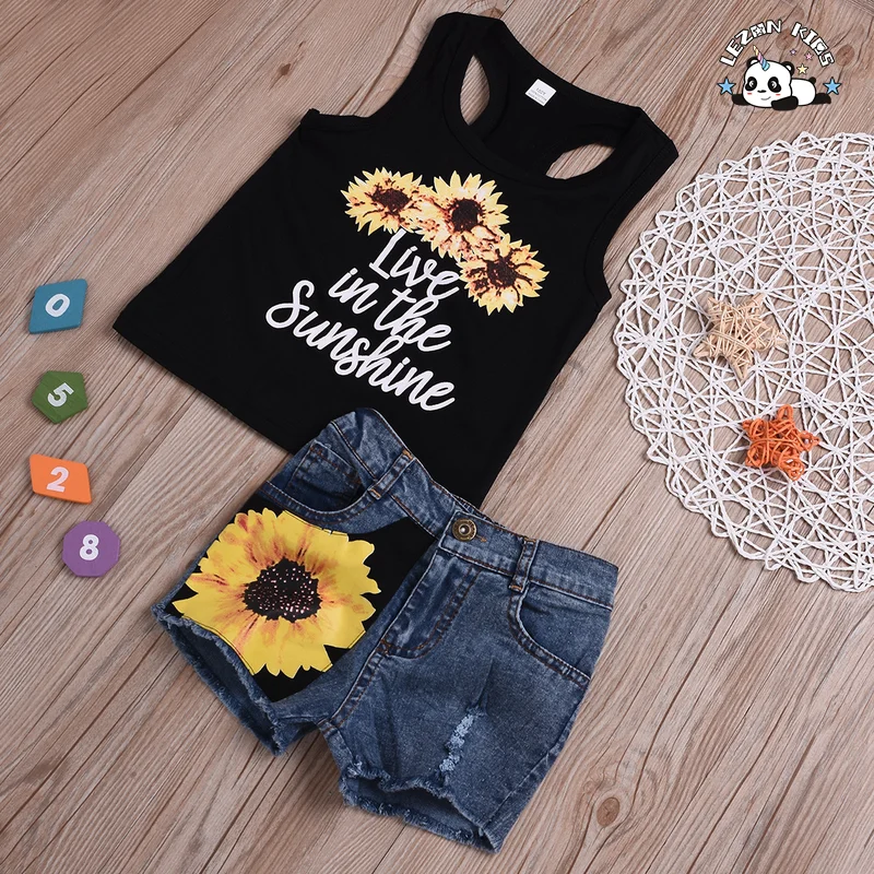 Customized Logo Fashion 2 PCS Girls Sunflower Outfits Sleeveless Tank Top&Denim Shorts Summer Clothes - Product Image