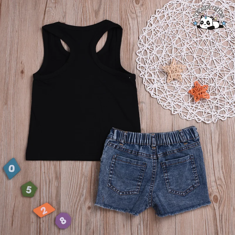 Customized Logo Fashion 2 PCS Girls Sunflower Outfits Sleeveless Tank Top&Denim Shorts Summer Clothes - Product Image