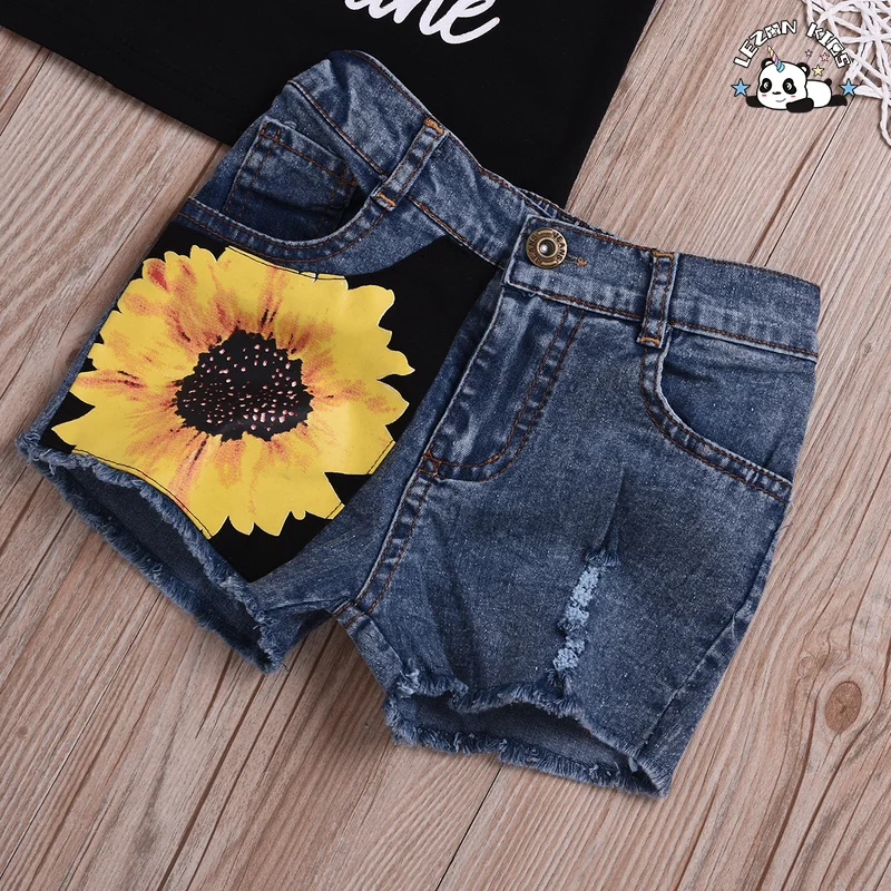 Customized Logo Fashion 2 PCS Girls Sunflower Outfits Sleeveless Tank Top&Denim Shorts Summer Clothes - Product Image