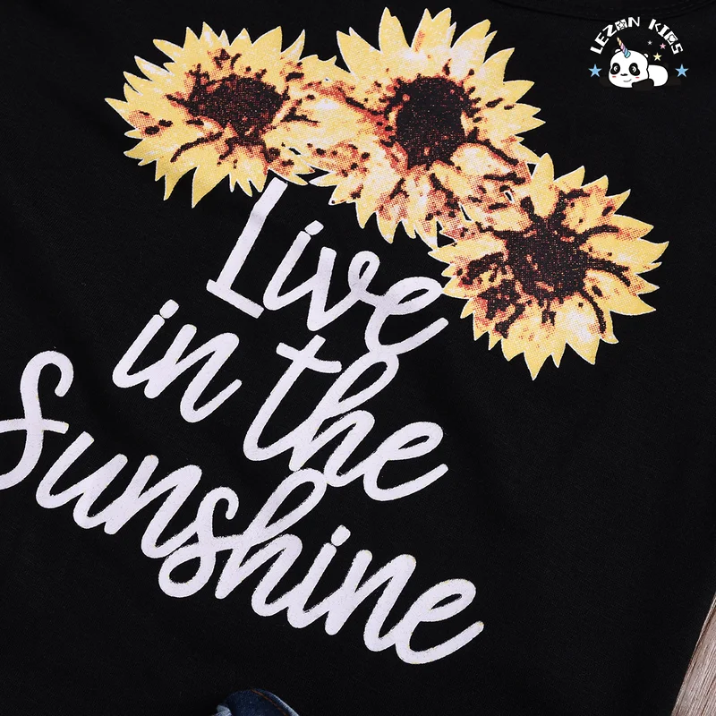 Customized Logo Fashion 2 PCS Girls Sunflower Outfits Sleeveless Tank Top&Denim Shorts Summer Clothes - Product Image