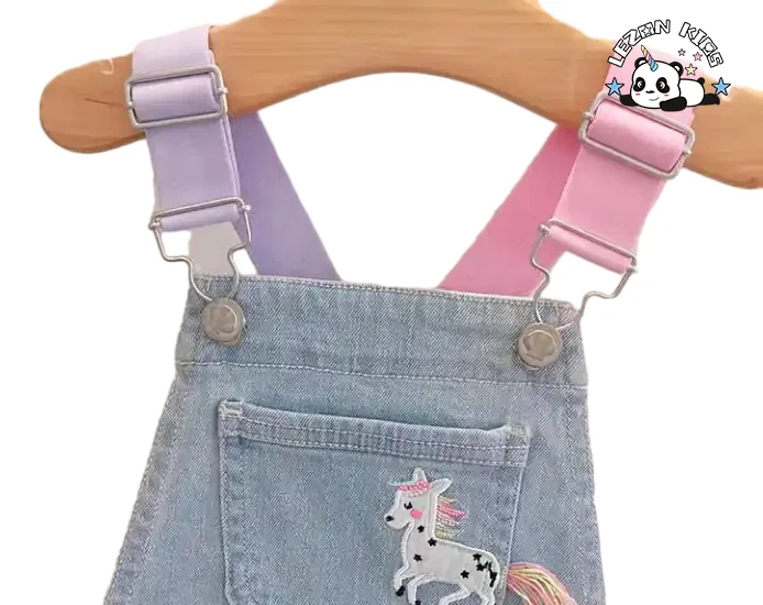 Vestido de jeans com alças personalizado com logo e unicórnio bordado para meninas - Product Image