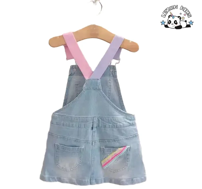 Vestido de jeans com alças personalizado com logo e unicórnio bordado para meninas - Product Image