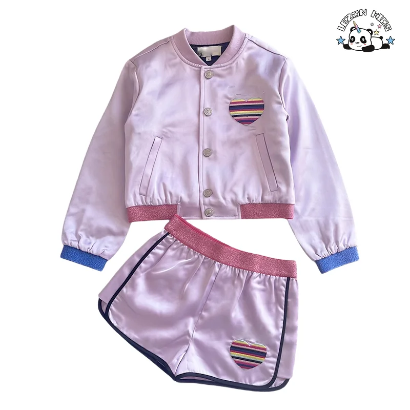 Customized New Spring Autumn Satin Fabric Set Colorful Striped Embroidered Jacket Shorts Girls Suit