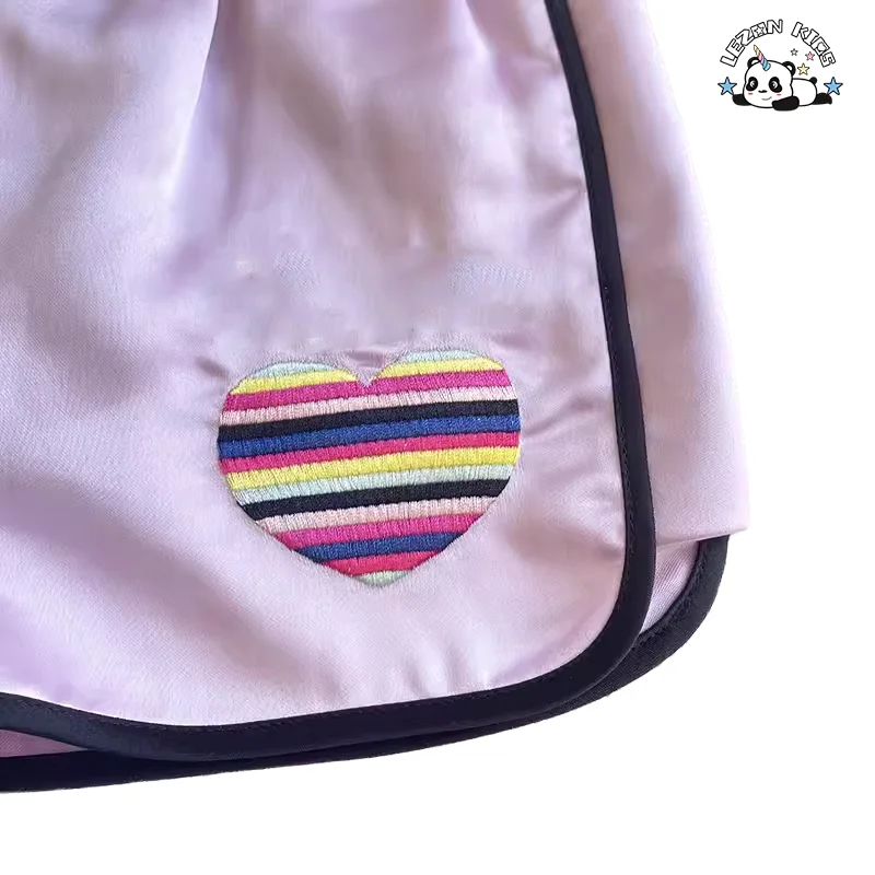 Customized New Spring Autumn Satin Fabric Set Colorful Striped Embroidered Jacket Shorts Girls Suit - Product Image