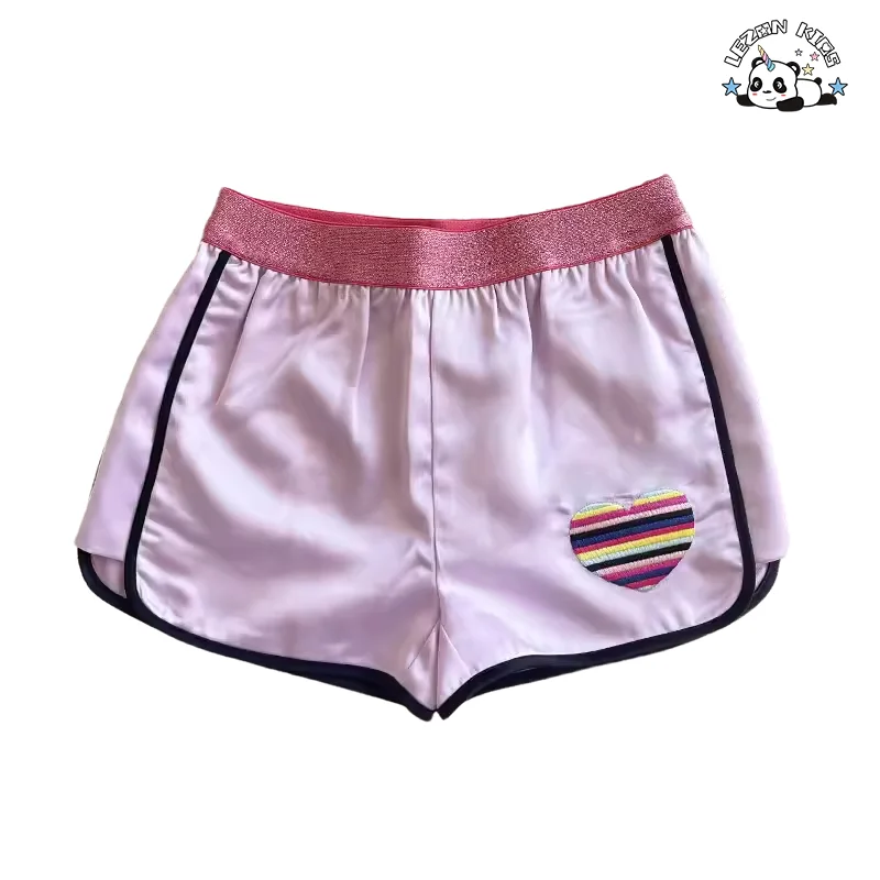 Customized New Spring Autumn Satin Fabric Set Colorful Striped Embroidered Jacket Shorts Girls Suit - Product Image
