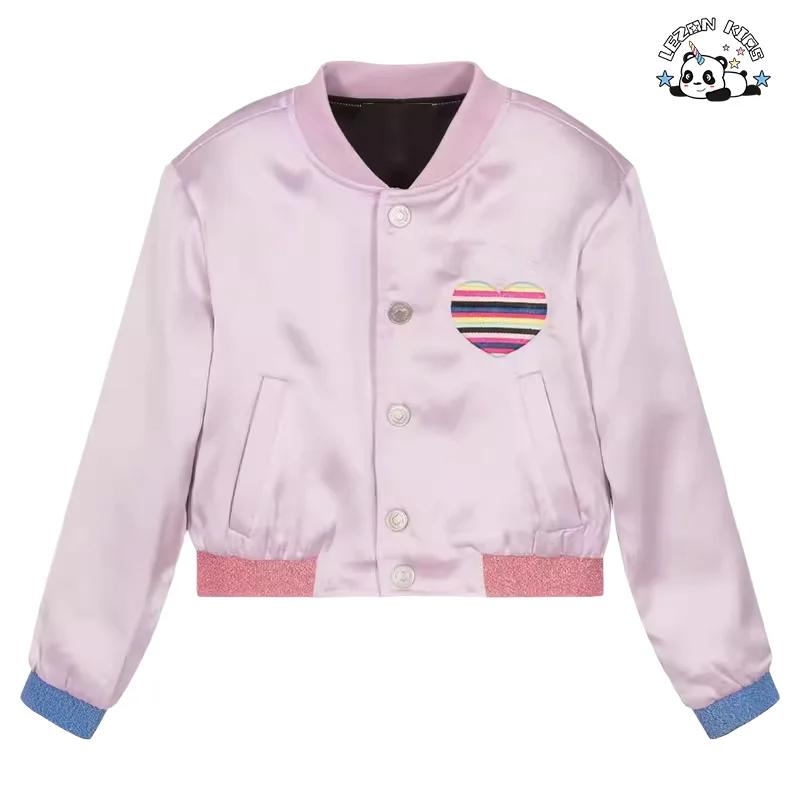 Customized New Spring Autumn Satin Fabric Set Colorful Striped Embroidered Jacket Shorts Girls Suit - Product Image