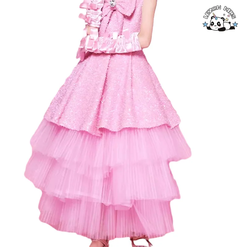Customized Retro Children Baby pink Girls Dress Light Luxury Style Bow Princess Dress with Jacket - Product Image