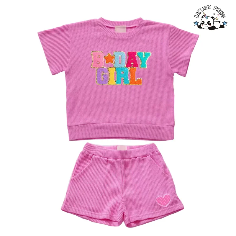 Customized Waffle Cotton T Shirt and Summer Shorts Girls Clothing Set for 2-14 Kids - Product Image