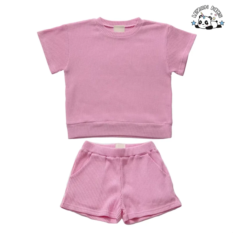 Customized Waffle Cotton T Shirt and Summer Shorts Girls Clothing Set for 2-14 Kids - Product Image