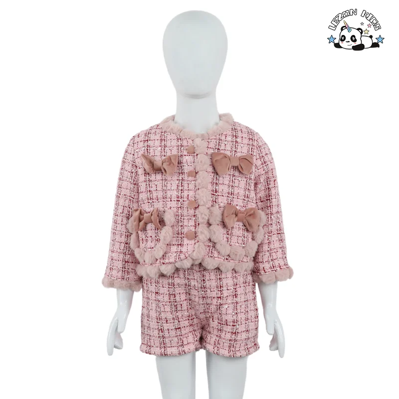 Designer Kids Fashion Wear Coat Short Skirt Two Piece Set  Sweet Girls Tweed Skirt Suit