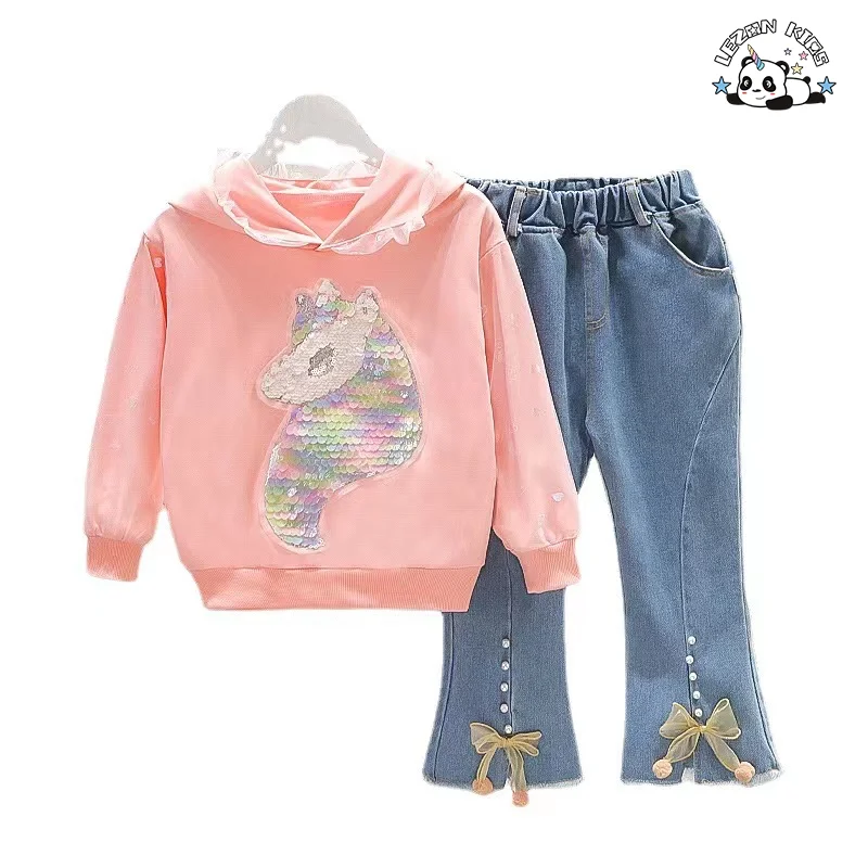 Factory Direct Price Autumn Long Sleeve Hooded Denim Pants  Kids Girls Clothing Set for 2 to 14T Child