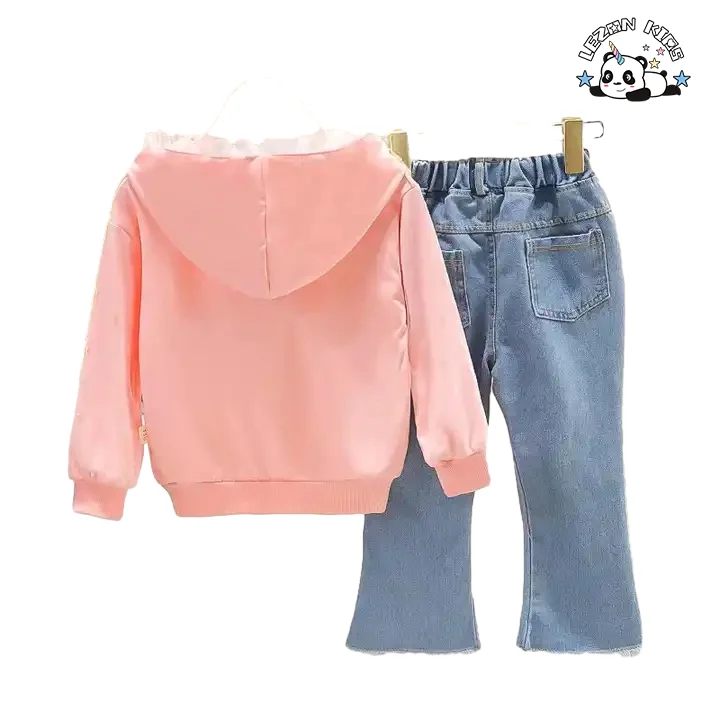 Factory Direct Price Autumn Long Sleeve Hooded Denim Pants Kids Girls Clothing Set for 2 to 14T Child - Product Image