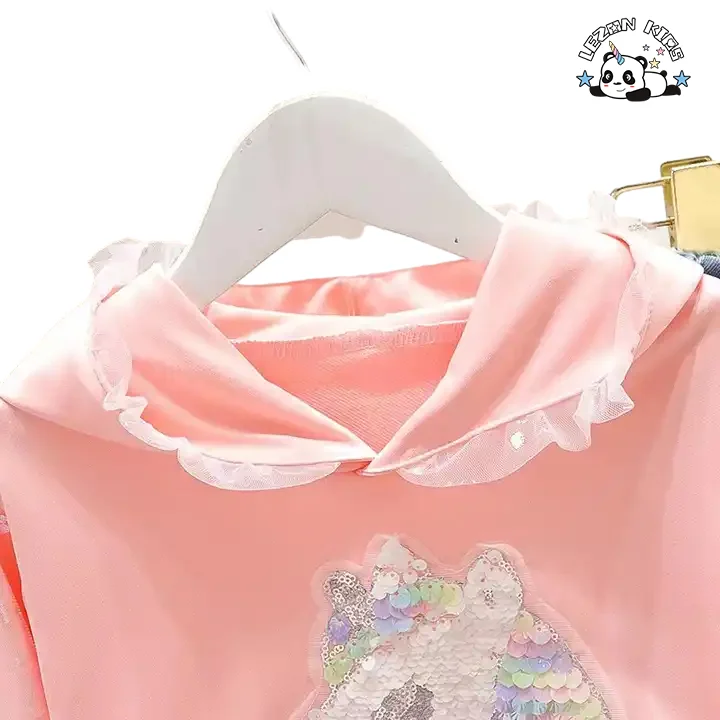 Factory Direct Price Autumn Long Sleeve Hooded Denim Pants Kids Girls Clothing Set for 2 to 14T Child - Product Image