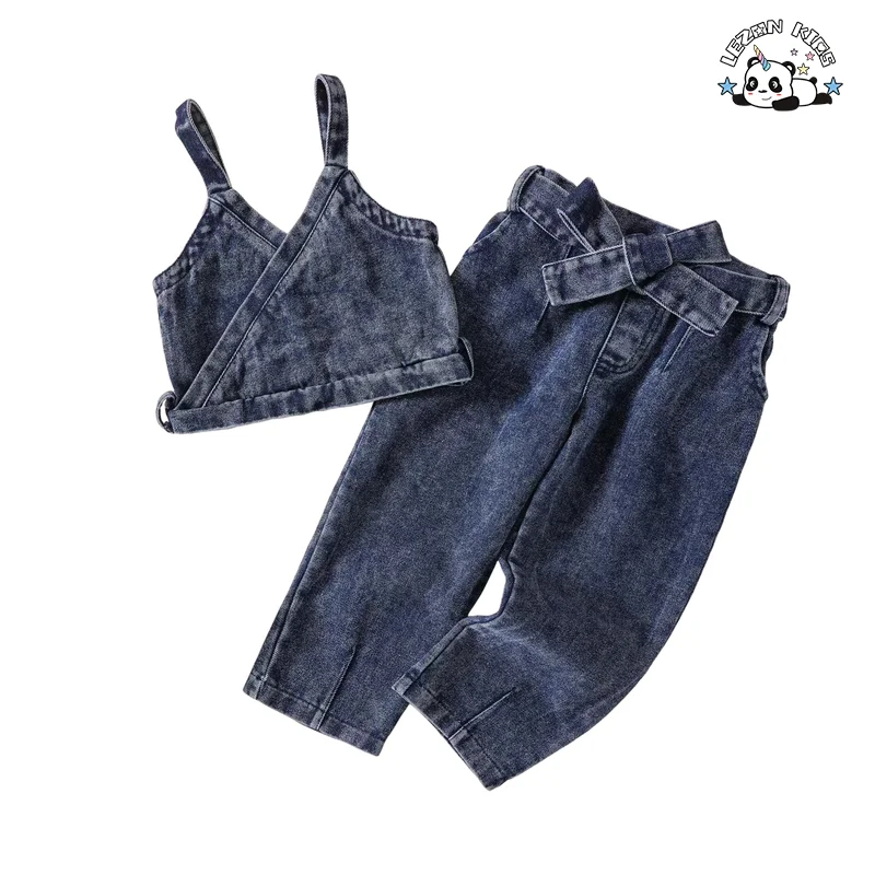 Factory Direct Price Custom 2pcs Denim Spaghetti Strap and Pants Little Girls Summer Clothing Sets