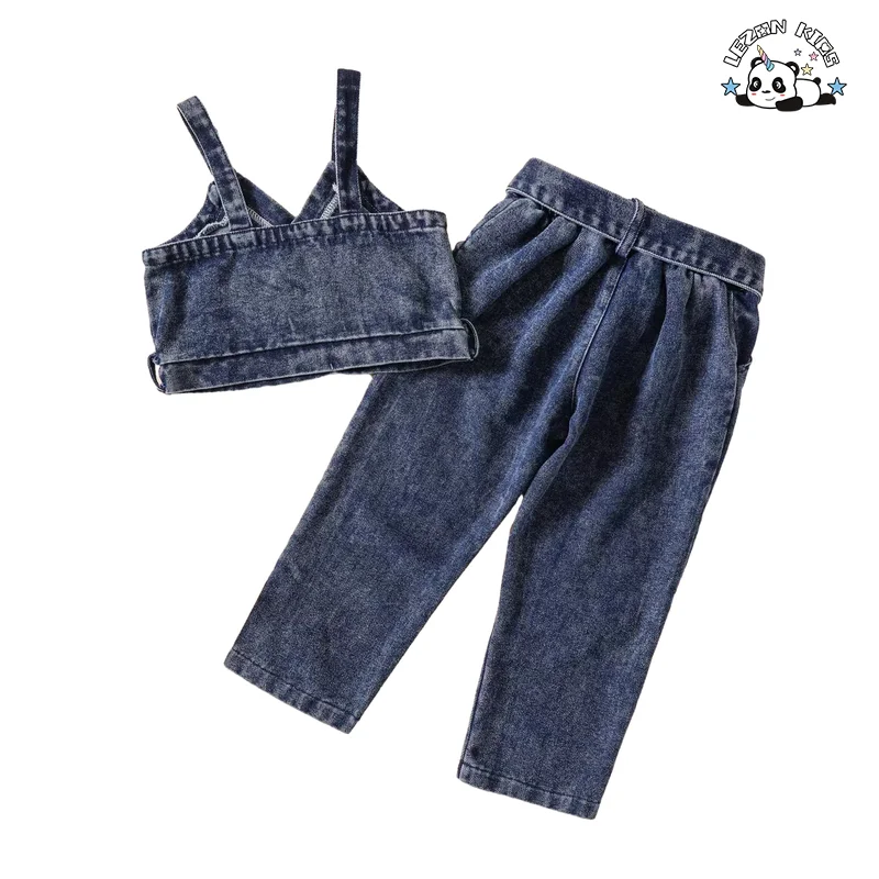 Factory Direct Price Custom 2pcs Denim Spaghetti Strap and Pants Little Girls Summer Clothing Sets - Product Image