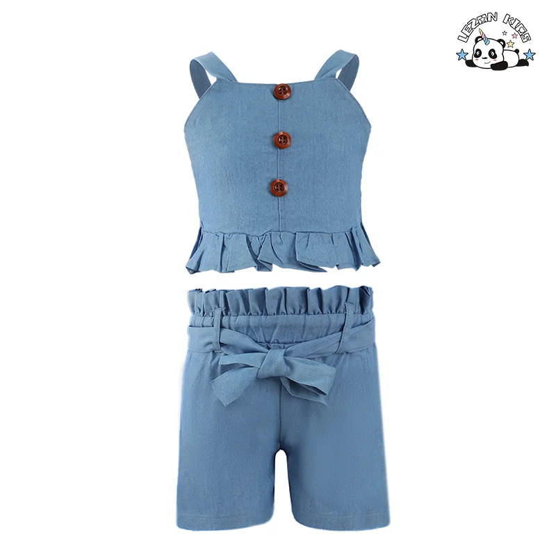 Factory Direct Price Custom Blue Denim 2pcs Casual Button Girls Clothing Sets 6-7 Years for Summer
