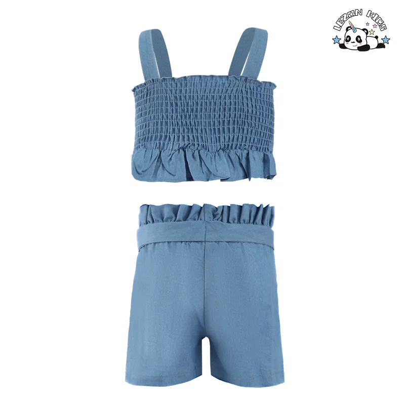 Factory Direct Price Custom Blue Denim 2pcs Casual Button Girls Clothing Sets 6-7 Years for Summer - Product Image