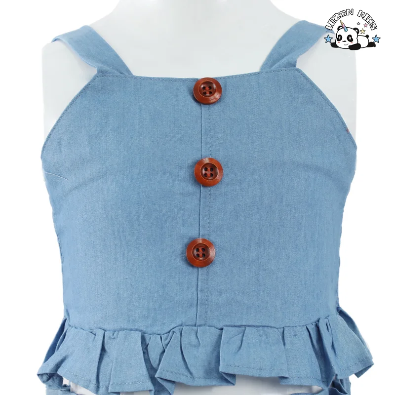 Factory Direct Price Custom Blue Denim 2pcs Casual Button Girls Clothing Sets 6-7 Years for Summer - Product Image
