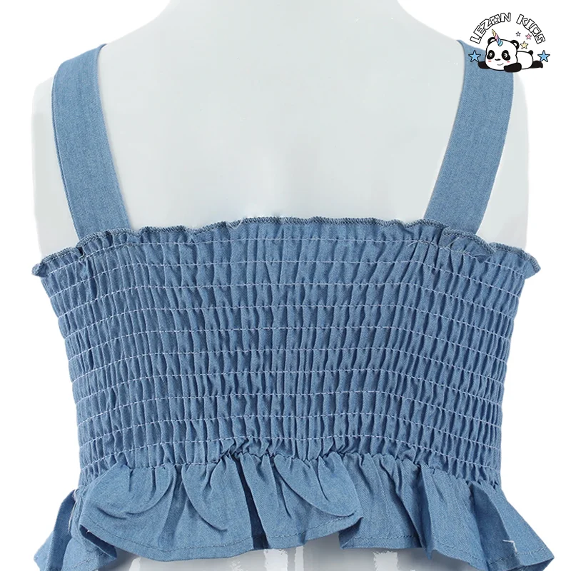 Factory Direct Price Custom Blue Denim 2pcs Casual Button Girls Clothing Sets 6-7 Years for Summer - Product Image