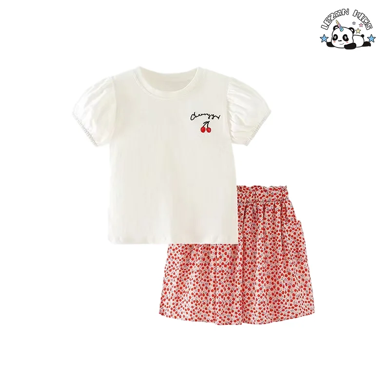 Preço Direto da Fábrica Conjunto de Roupas de Menina Personalizado Cute Red Cherry 2 Peças Camiseta e Saia