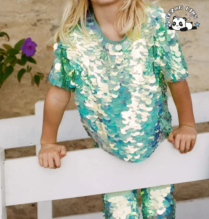 Factory Direct Sale Custom Kids Summer Clothing Set Sequin T Shirt Pants for 5 to 14T Boys and Girls - Product Image