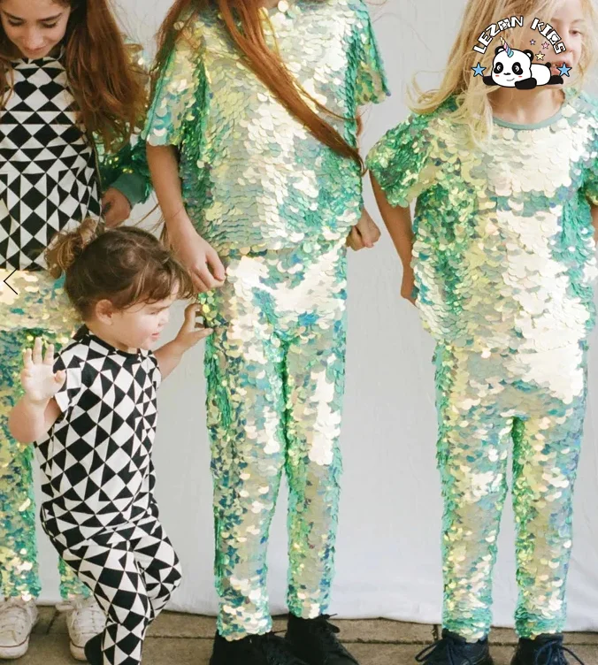 Factory Direct Sale Custom Kids Summer Clothing Set Sequin T Shirt Pants for 5 to 14T Boys and Girls - Product Image