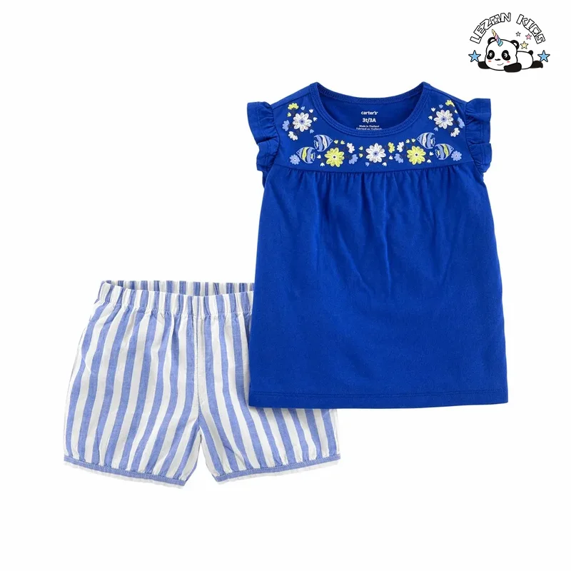 Factory Direct Sale Lovely Girls Summer Blue Clothes Stripe Shorts Two Pieces Clothing Sets