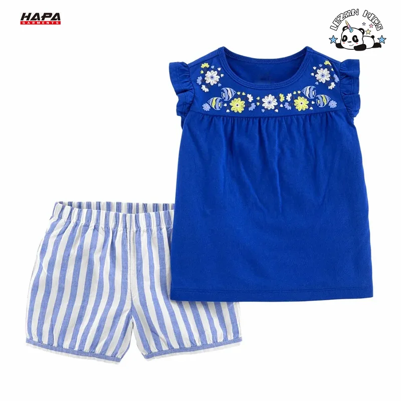 Factory Direct Sale Lovely Girls Summer Blue Clothes Stripe Shorts Two Pieces Clothing Sets - Product Image