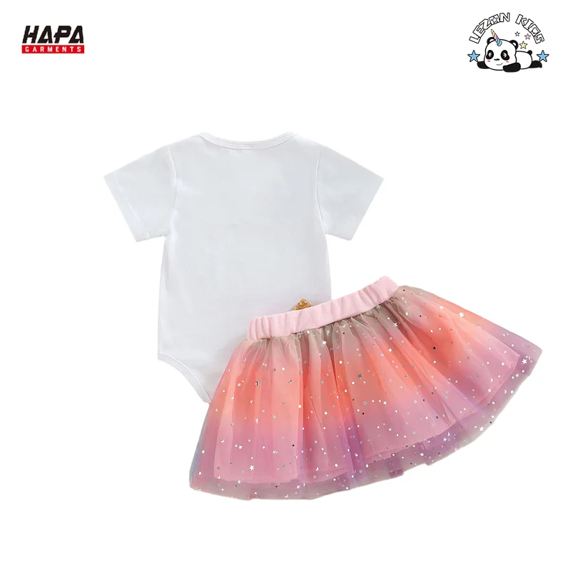 Factory Hot Sale Two-piece Set Birthday Letter Print T-shirt Sequined Mesh Princess Tutu Skirt - Product Image