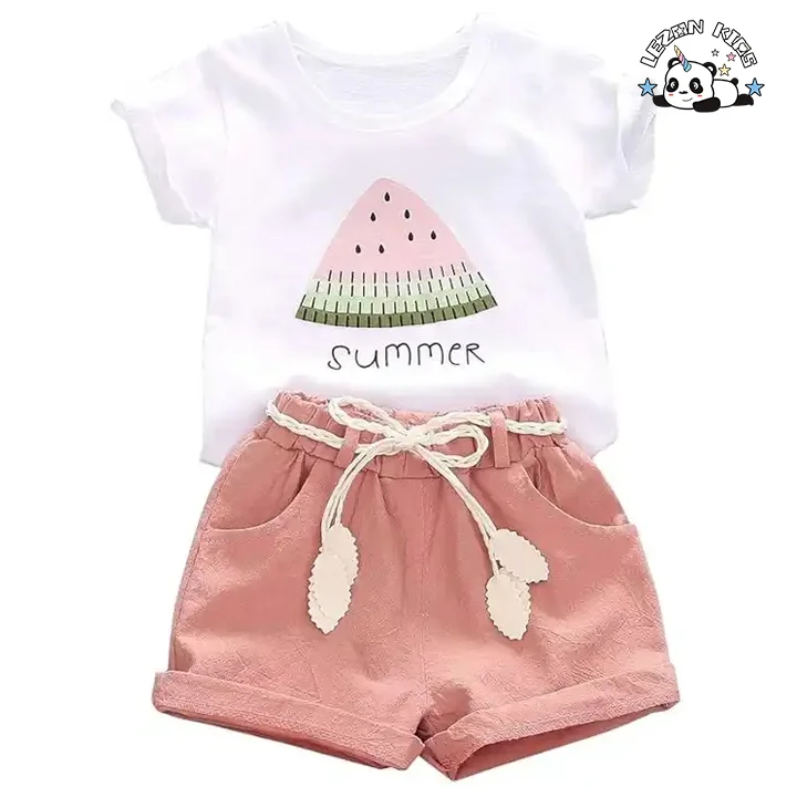Conjunto de Roupas de Verão Preço de Fábrica para Meninas de 5-8 Anos Camiseta de Manga Curta com Estampa de Melancia e Shorts 2 Peças Conjunto de Roupas para Crianças - Product Image