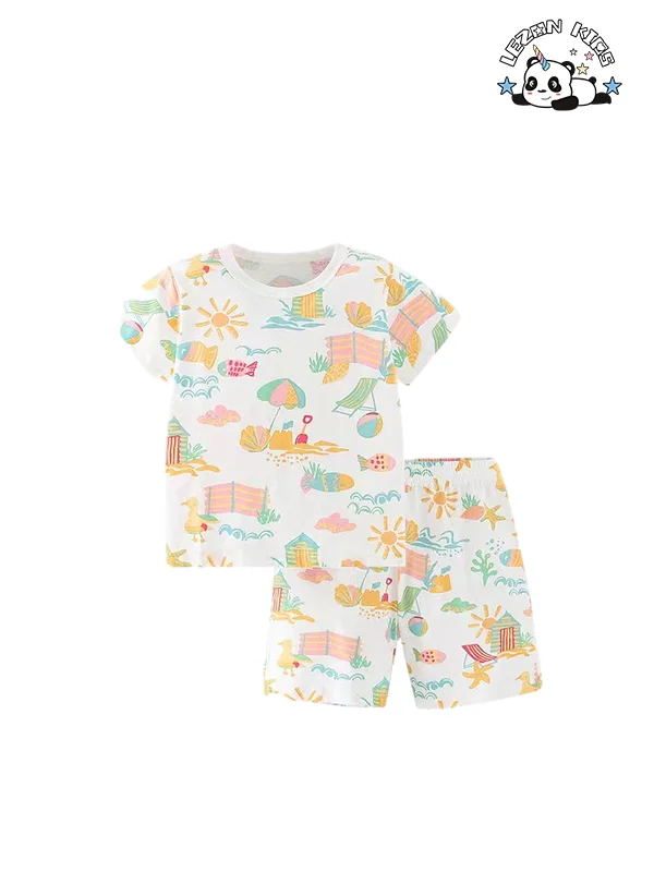 Factory direct price pattern printing short t-shirt and shorts cute little girls clothing sets - Product Image