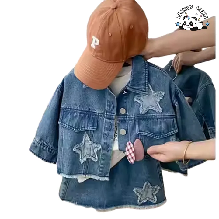 Factory direct price spring autumn cool jacket and skirts denim girls dress sets for 2-14 year - Product Image