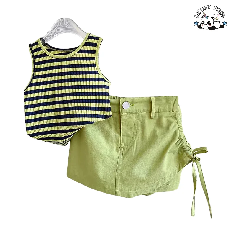 Conjunto de roupa infantil feminino, preço direto da fábrica, top sem mangas verde doce e saia, conjunto de 2 peças