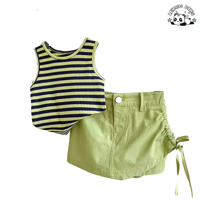 Factory direct price sweet green sleeveless tank top and skirt girls clothing sets girl outfit set 2pcs - Product Image