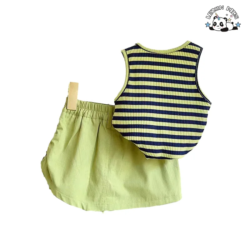 Factory direct price sweet green sleeveless tank top and skirt girls clothing sets girl outfit set 2pcs - Product Image